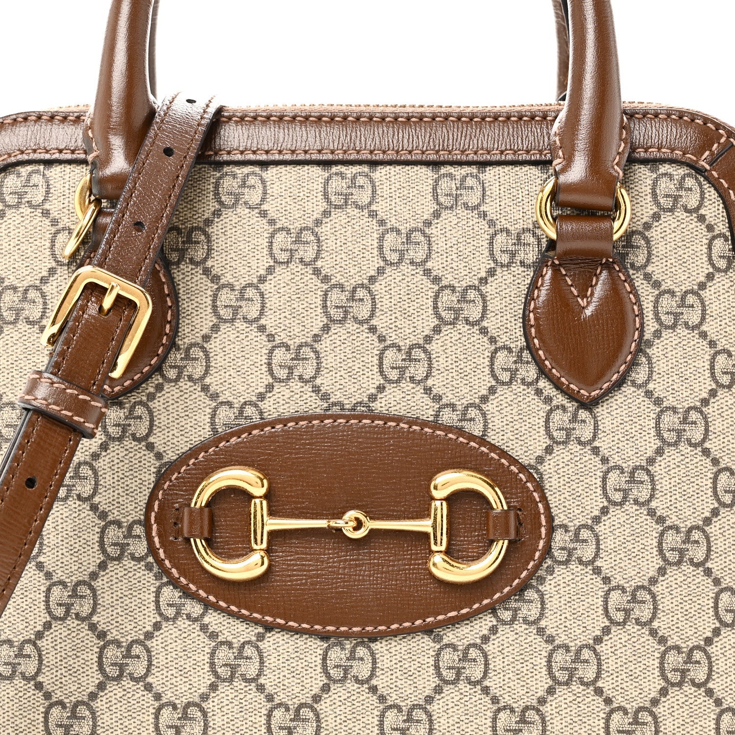 Gucci GG Supreme Monogram Azalea Calfskin Small Horsebit 1955 Top Handle Bag Beige Ebony Brown Sugar