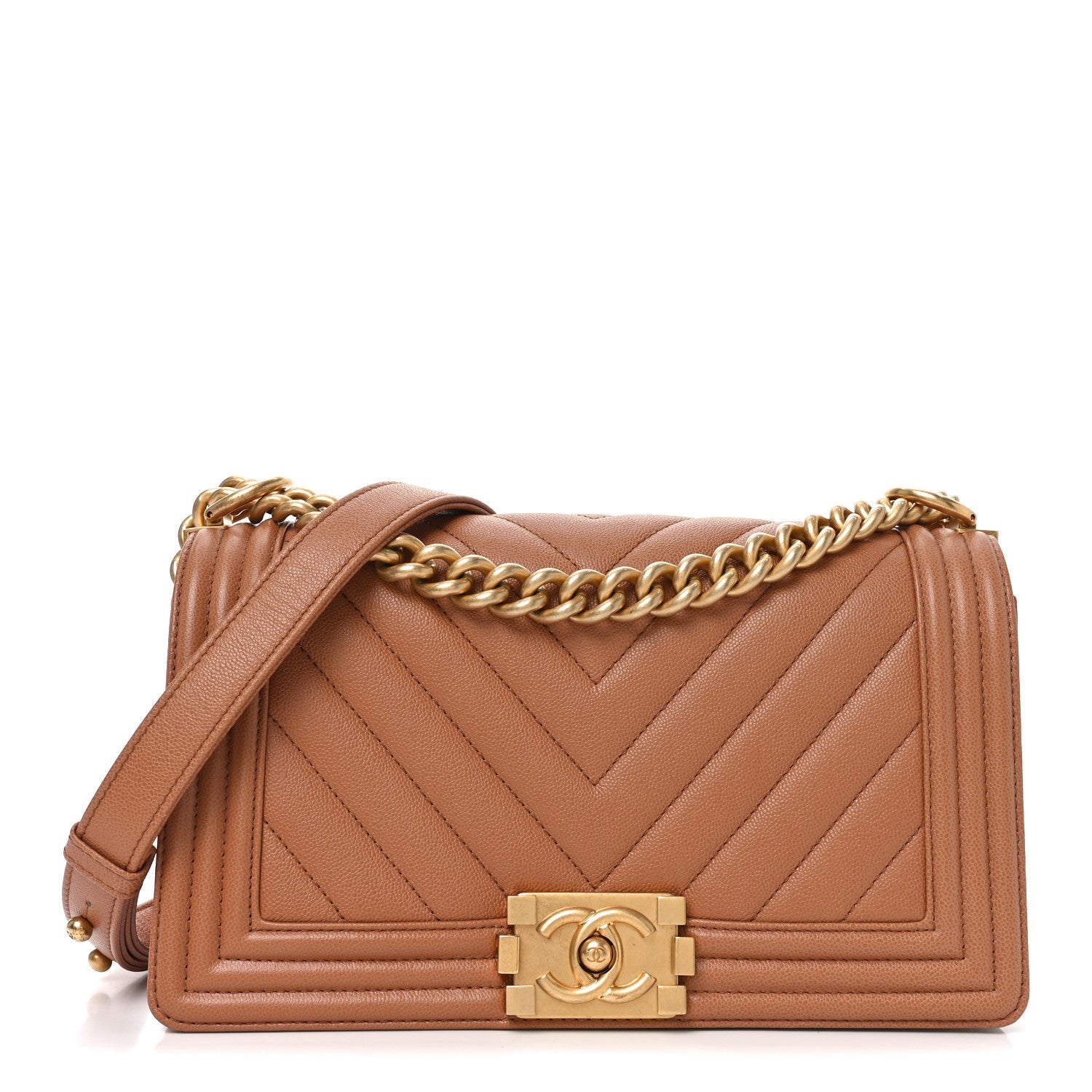 Chanel Caviar Chevron Quilted Medium Boy Flap Brown