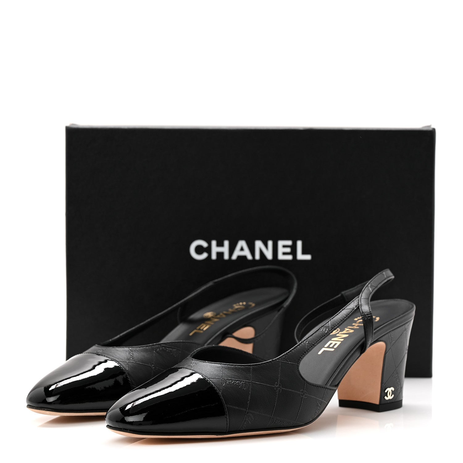 Lambskin Patent Calfskin Quilted Cap Toe Coco CC Slingback Pumps 41 Black