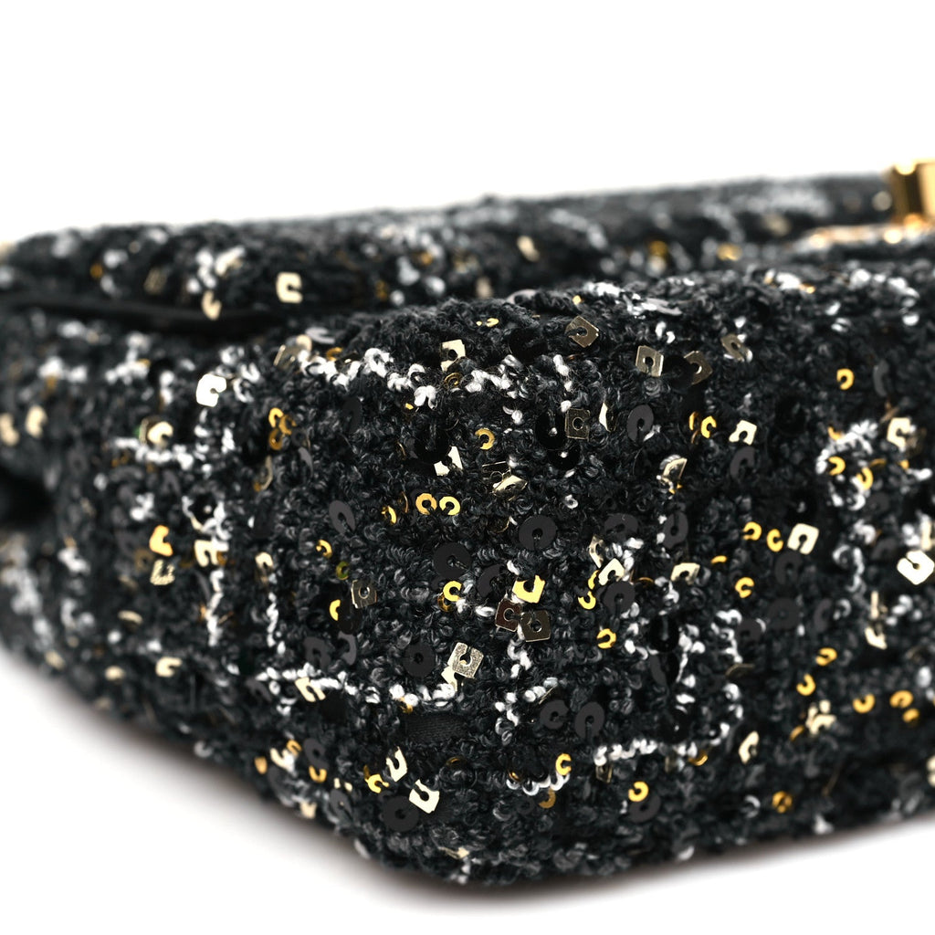 Chanel Tweed Sequin Small Single Flap Black Silvery Golden