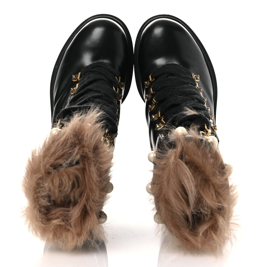 Gucci Magnum Calfskin Fur Pearl Lace Up Combat Ankle Boots 39.5 Black Naturale