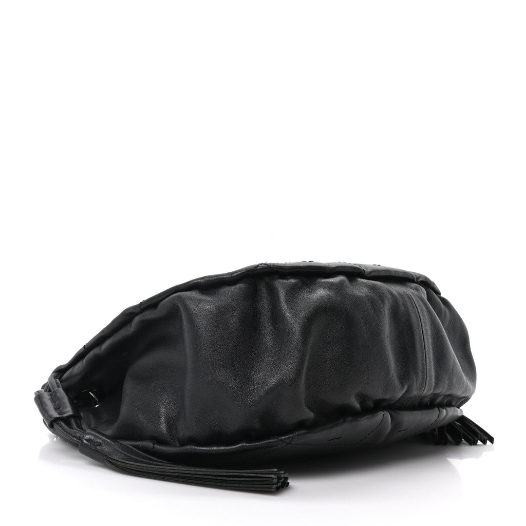 Chanel Lambskin Stitched Chocolate Bar Chain Fringe Hobo Black