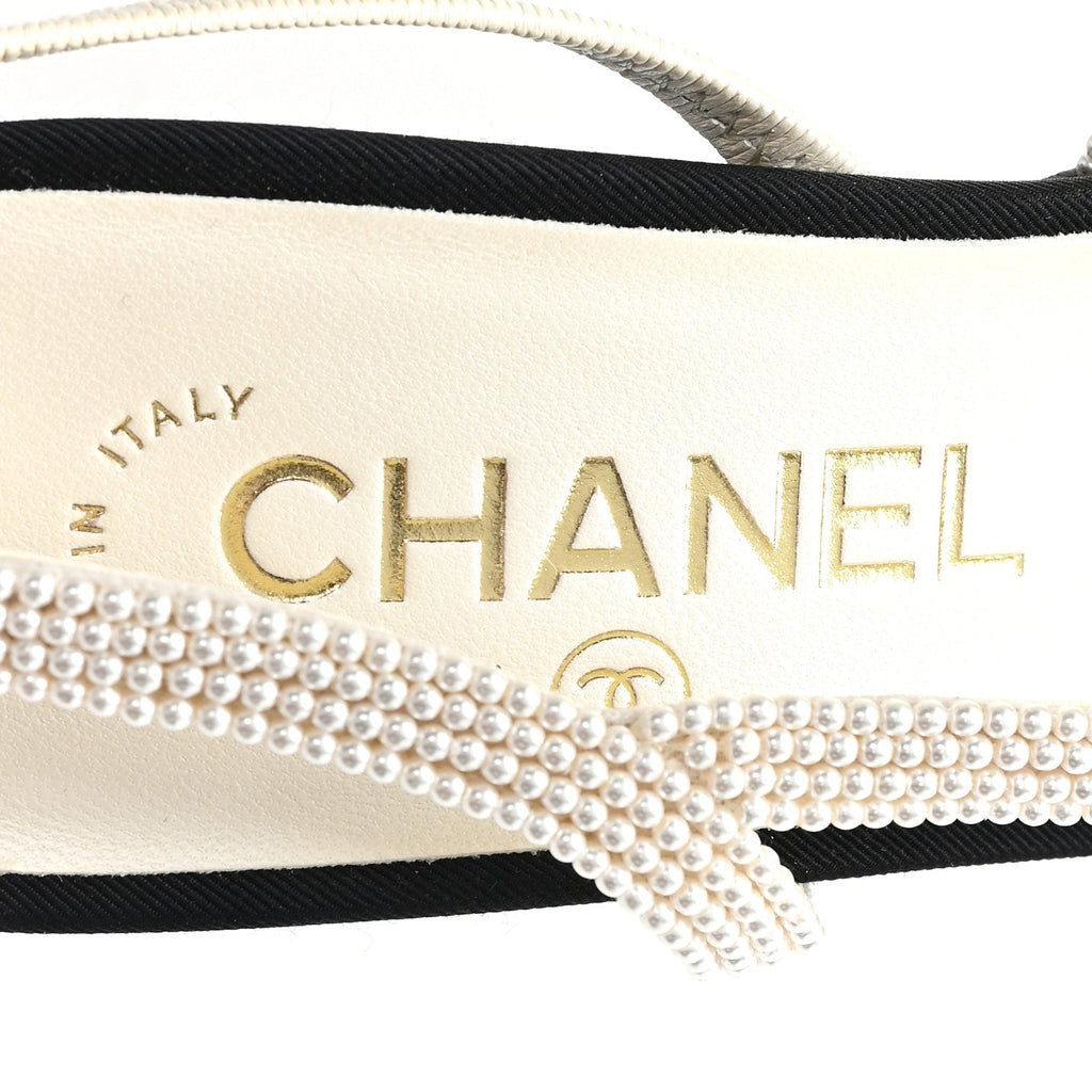 Pearl Patent Cap Toe CC Slingback Pumps 37 Ivory Black
