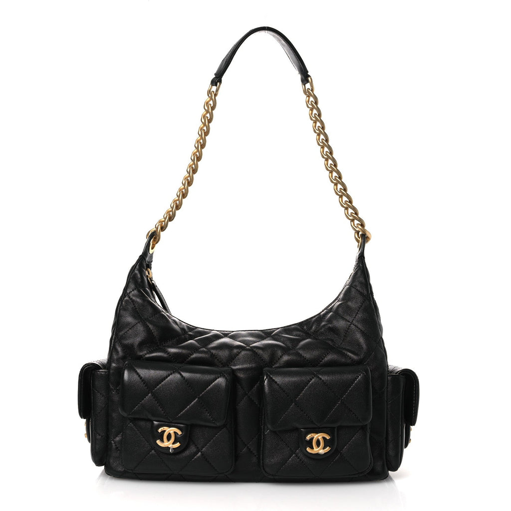 Chanel Shiny Lambskin Quilted Trendy Pockets Hobo Black