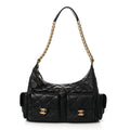 Chanel Shiny Lambskin Quilted Trendy Pockets Hobo Black