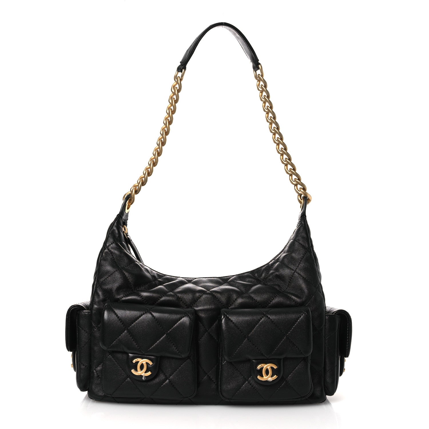 Chanel Shiny Lambskin Quilted Trendy Pockets Hobo Black
