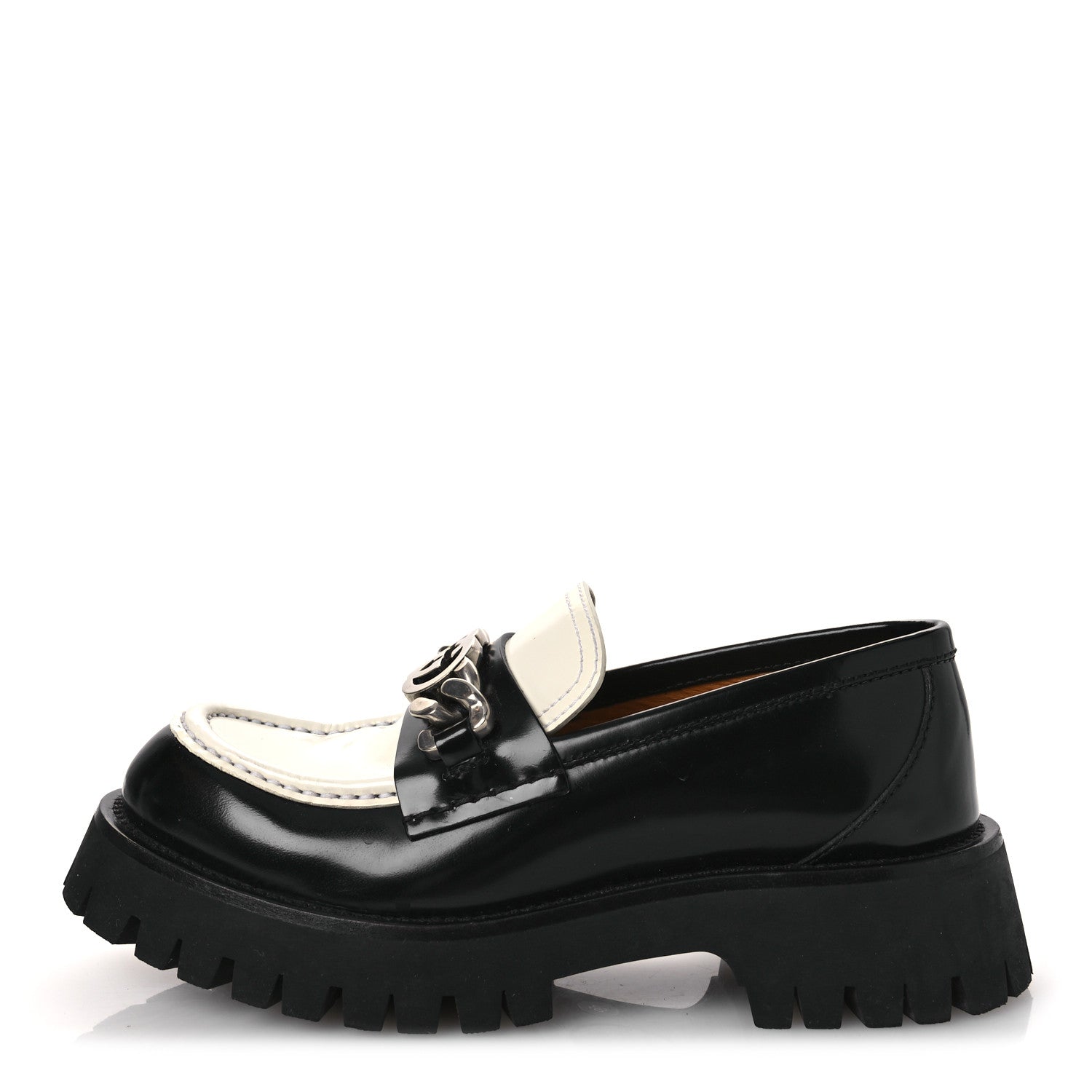 Gucci Cordovan Lux Womens Interlocking G Platform Lug Sole Loafers 36 Black Off White