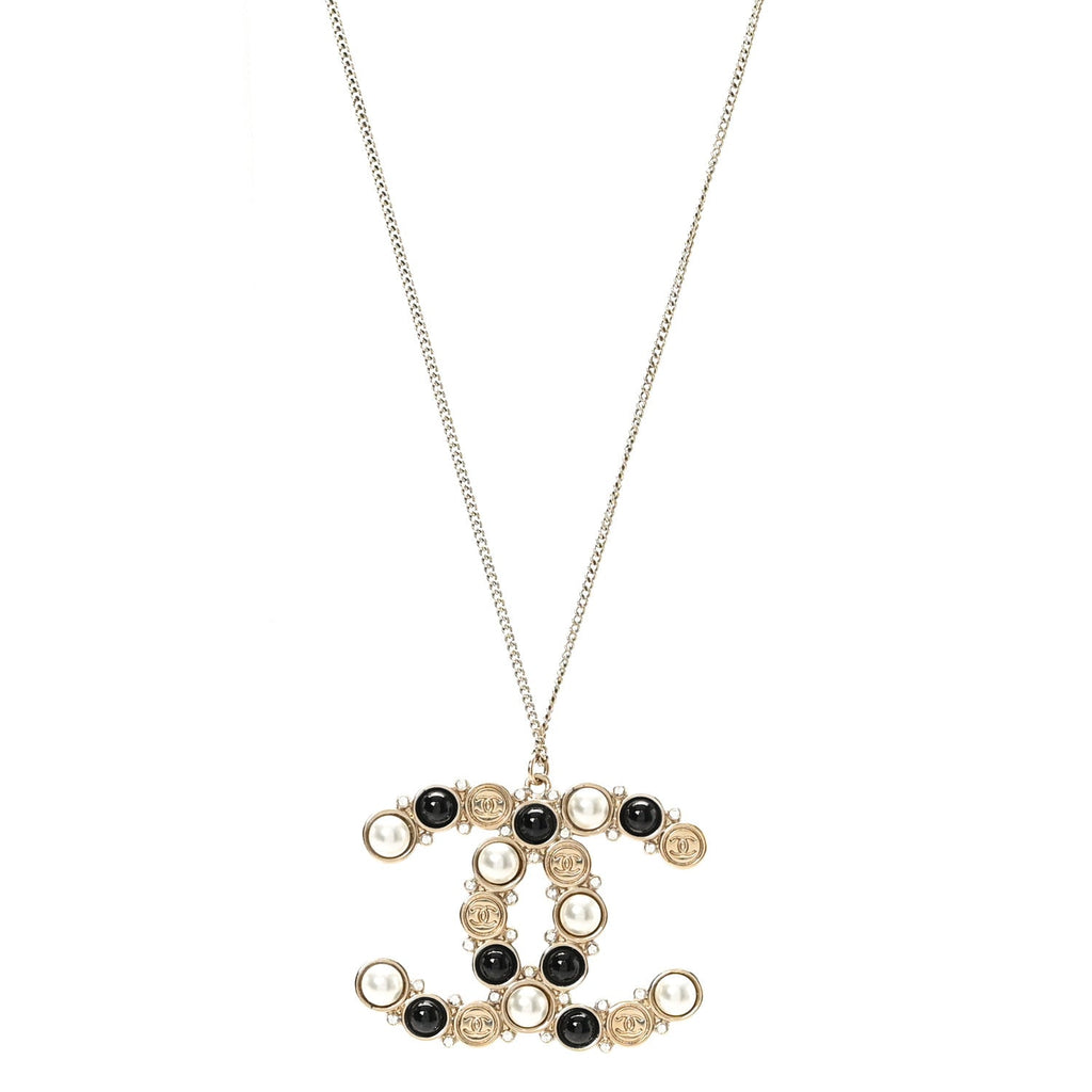 Crystal Pearl CC Chain Necklace Gold Black