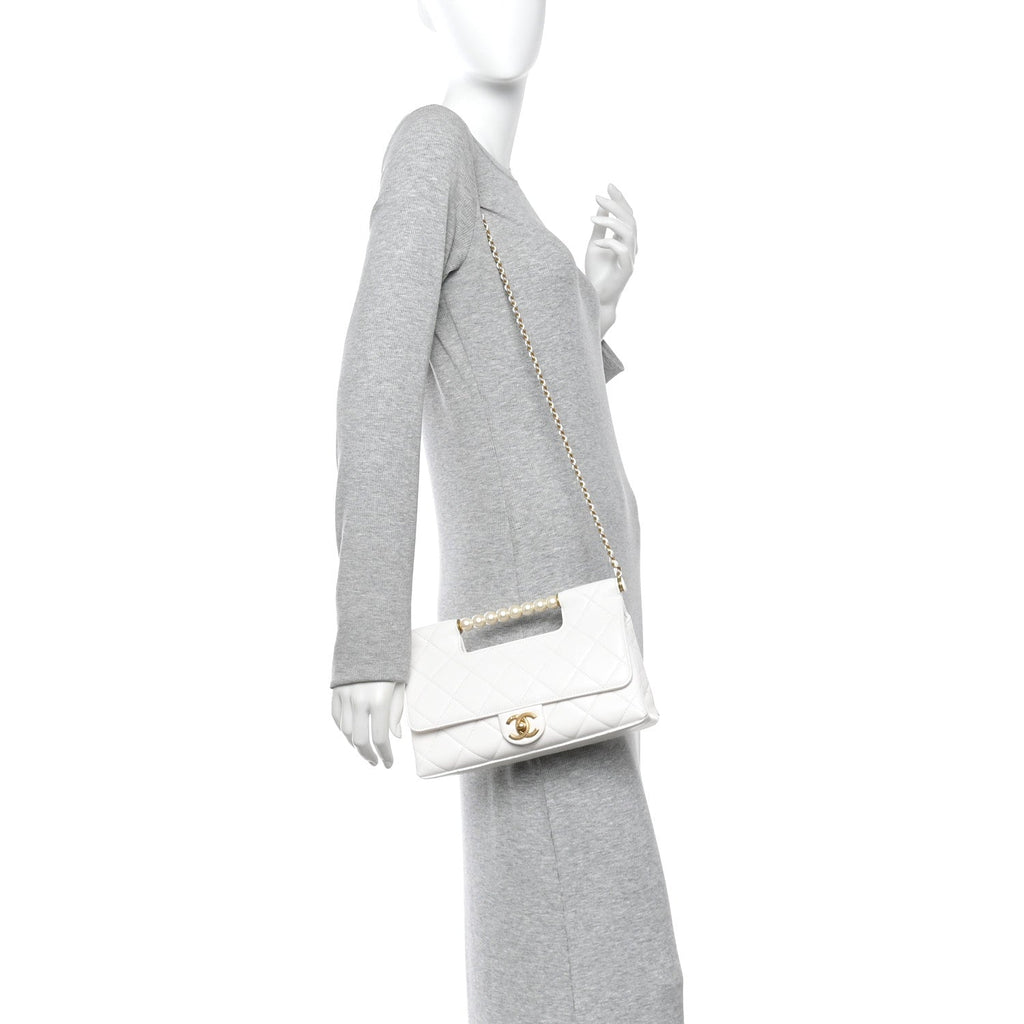 Chanel Shiny Lambskin Pearl Top Handle Flap Shopping Bag White