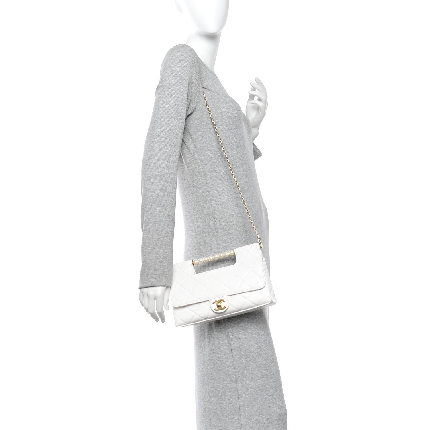 Chanel Shiny Lambskin Pearl Top Handle Flap Shopping Bag White