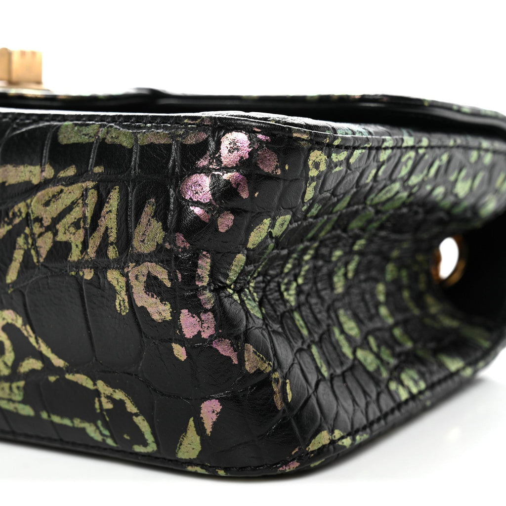 Chanel Calfskin Crocodile Embossed Graffiti 2.55 Mini Cocodile Reissue Flap Black Pink
