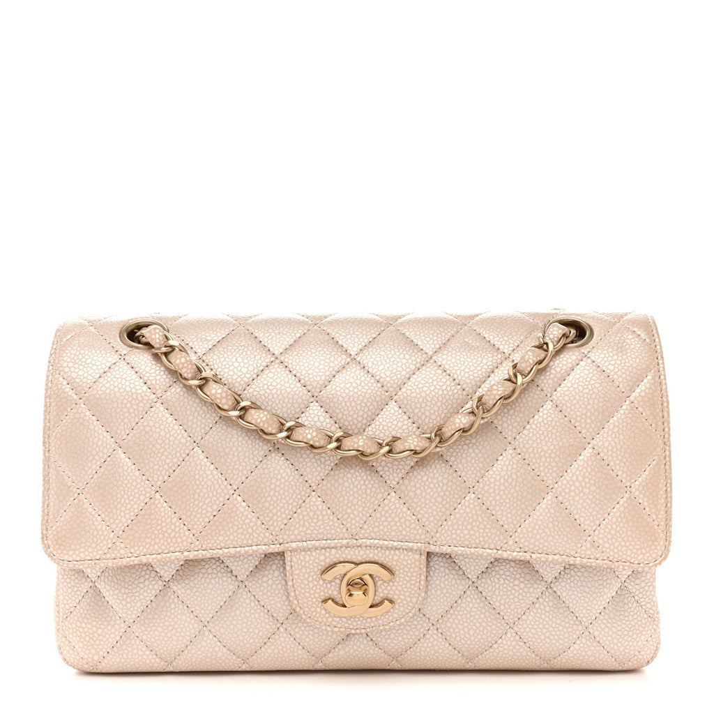 Chanel Pearly Caviar Quilted Medium Double Flap Light Beige