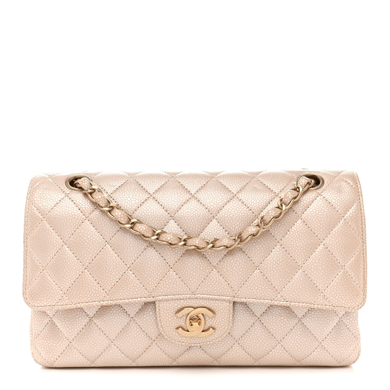 Chanel Pearly Caviar Quilted Medium Double Flap Light Beige