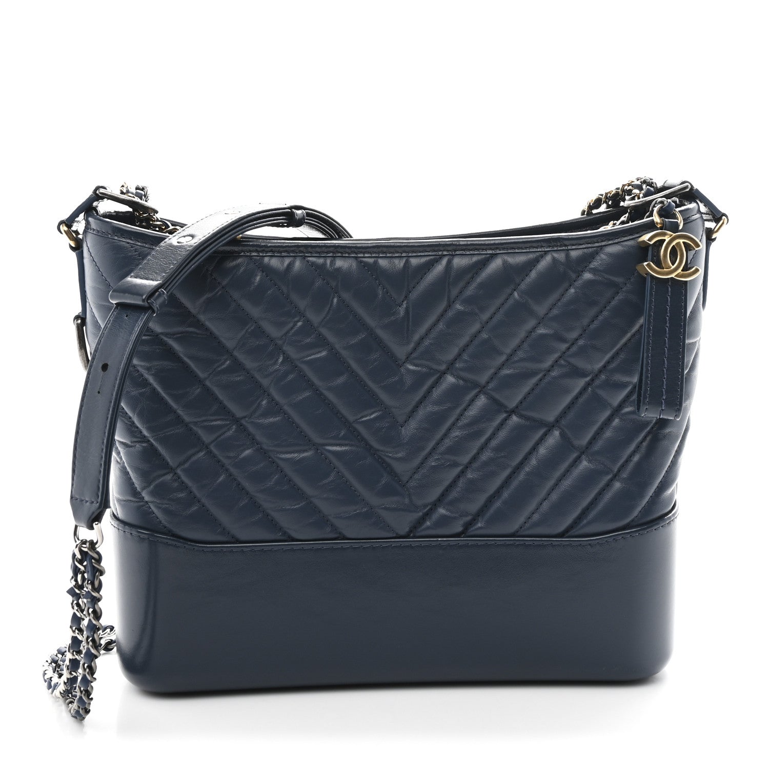 Chanel Aged Calfskin Chevron Quilted Medium Gabrielle Hobo Blue