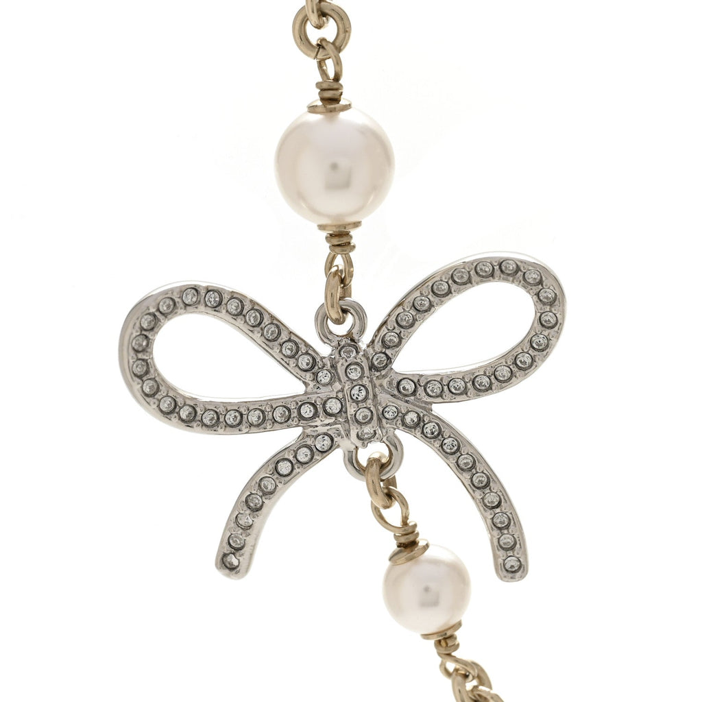 Pearl Crystal CC Bow Necklace Gold