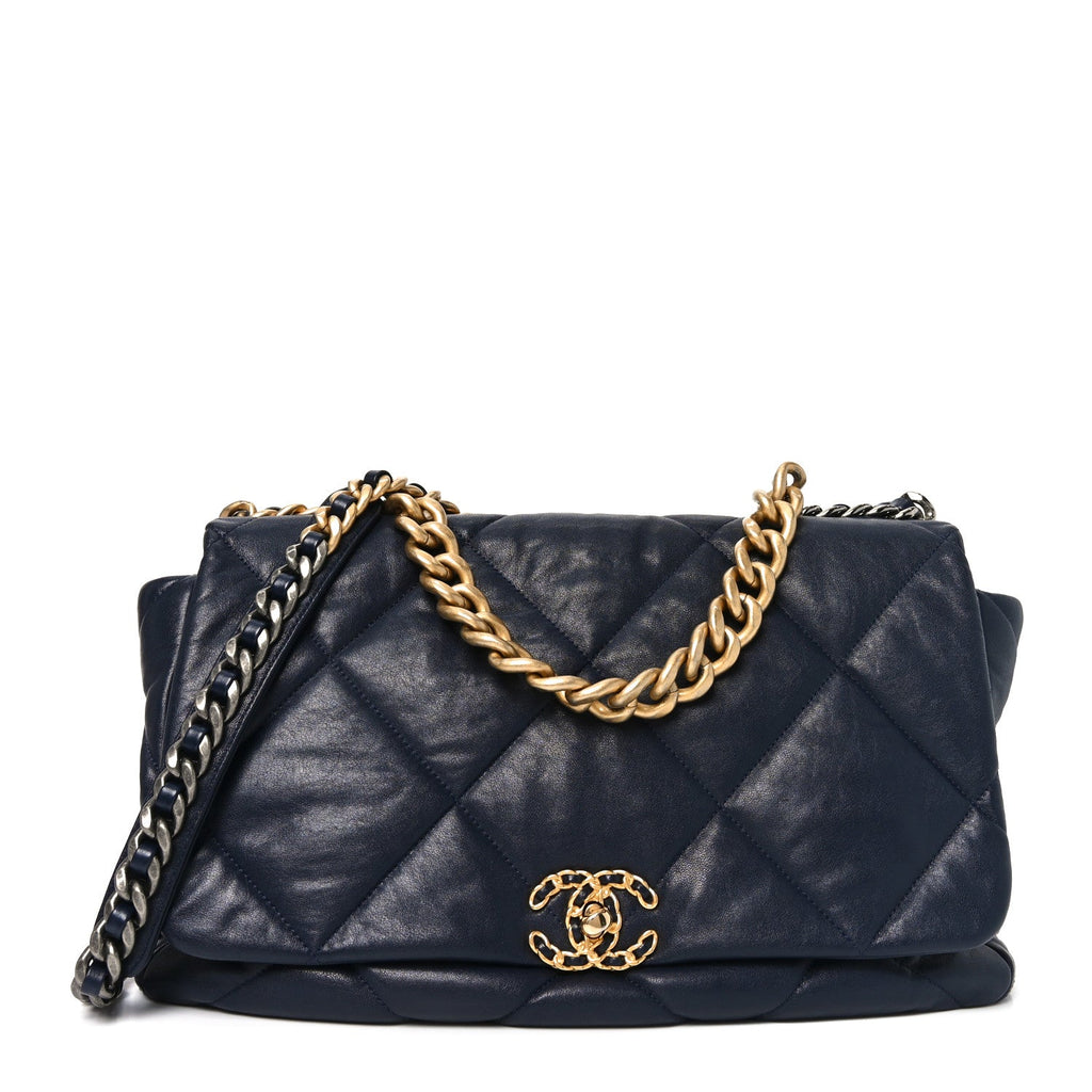 Chanel Goatskin Quilted Maxi Chanel 19 Flap Navy Blue