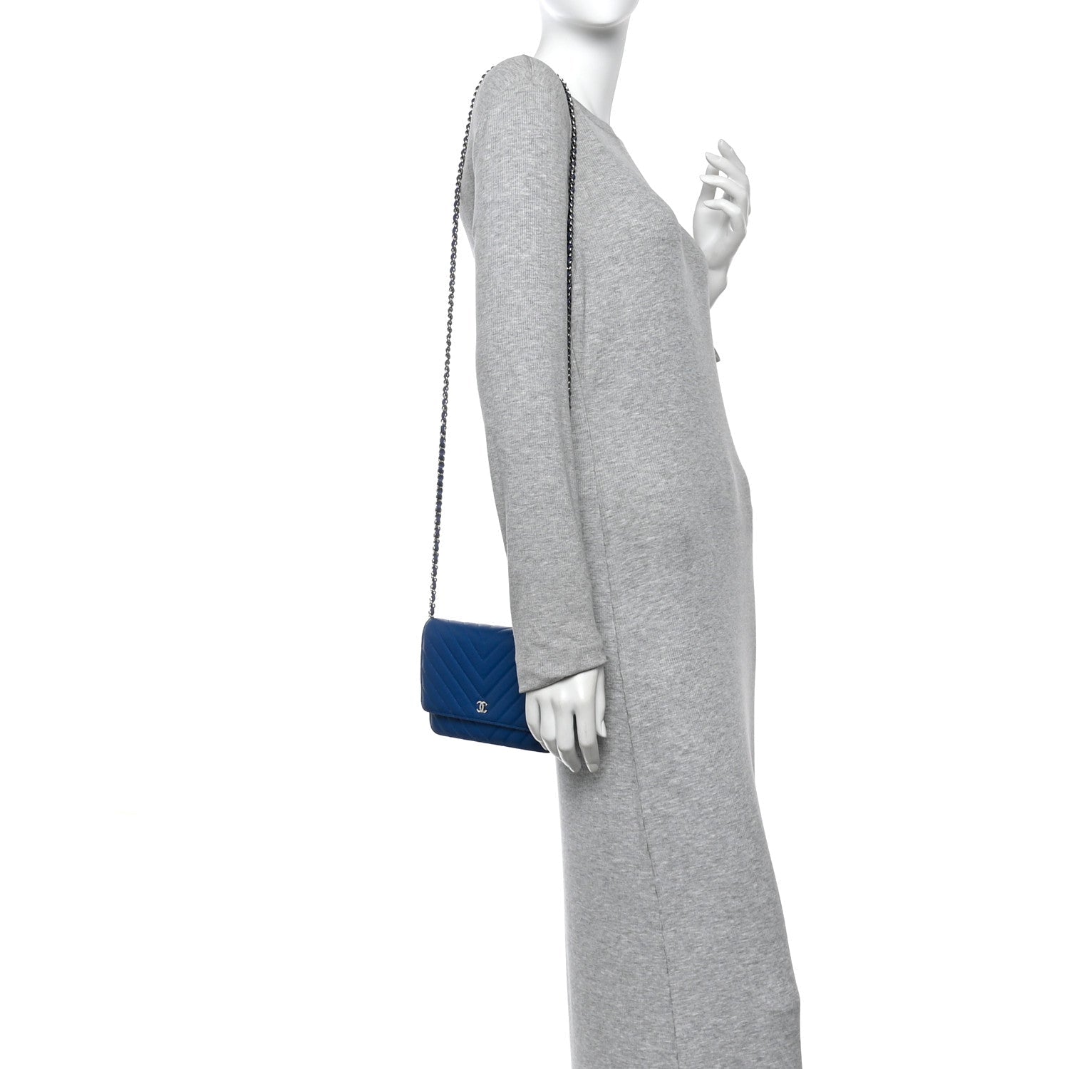 Chanel Caviar Chevron Quilted Wallet On Chain WOC Blue