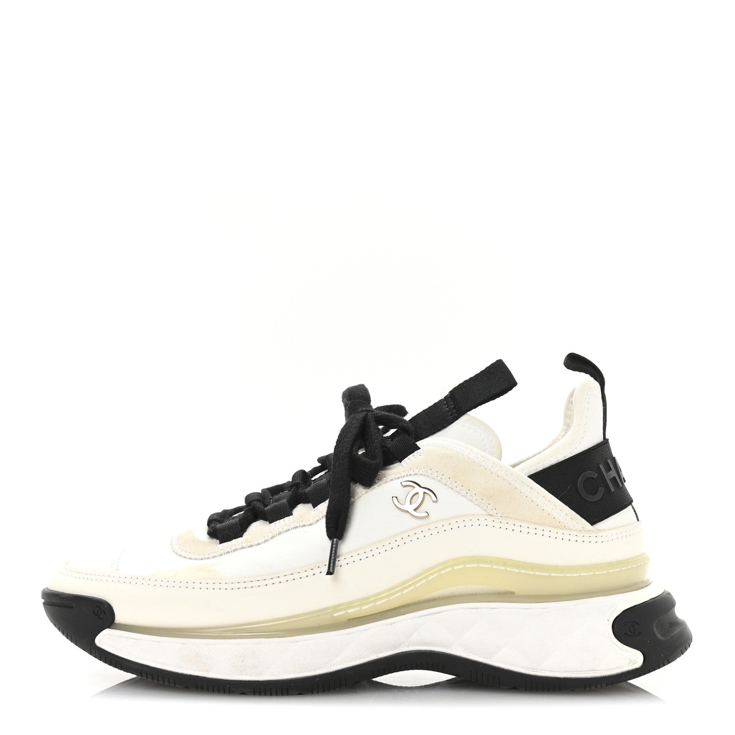 Chanel Velvet Calfskin Mixed Fibers CC Sneakers 38 Ivory Black