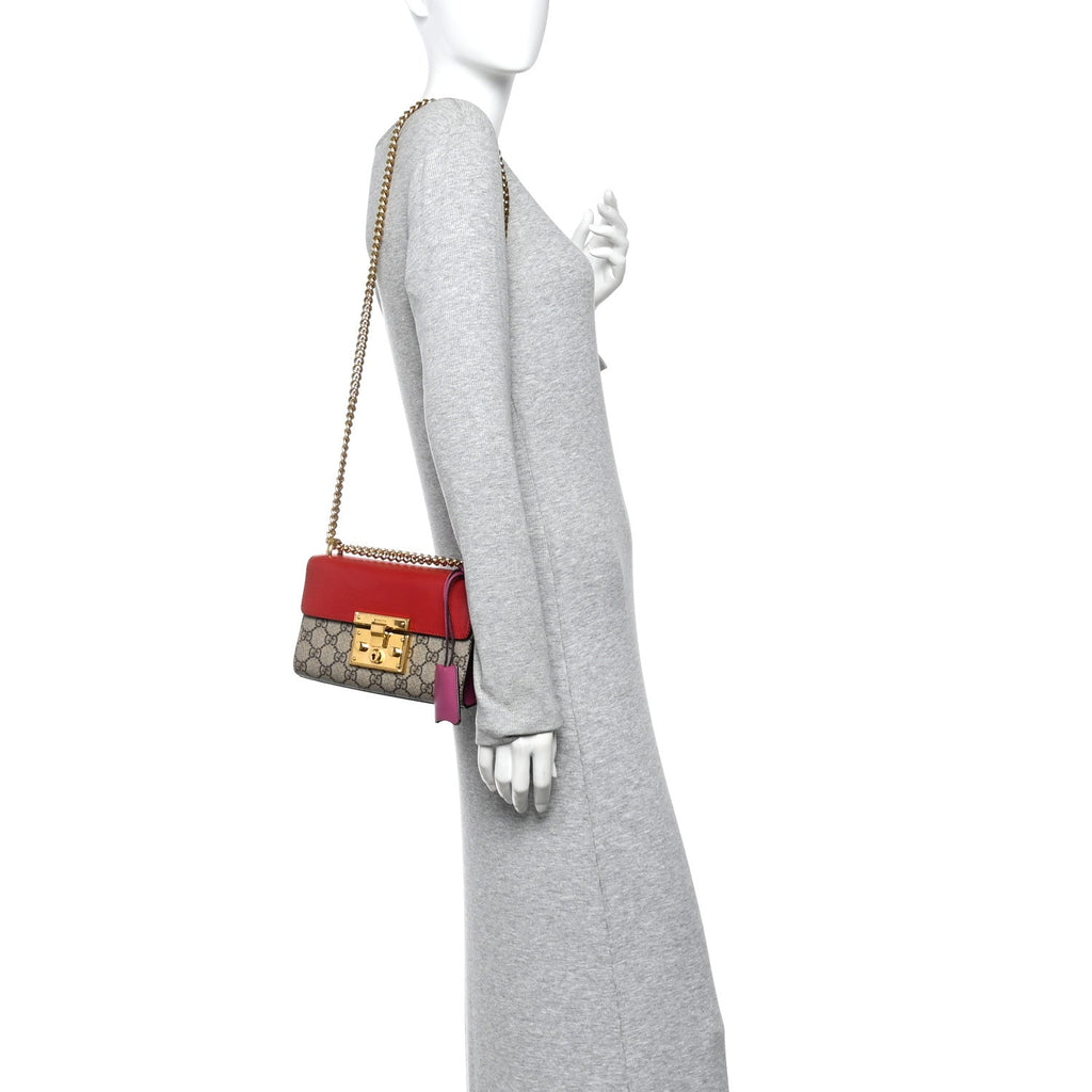 Gucci GG Supreme Monogram Calfskin Small Padlock Shoulder Bag Beige Hibiscus Red New Rosette