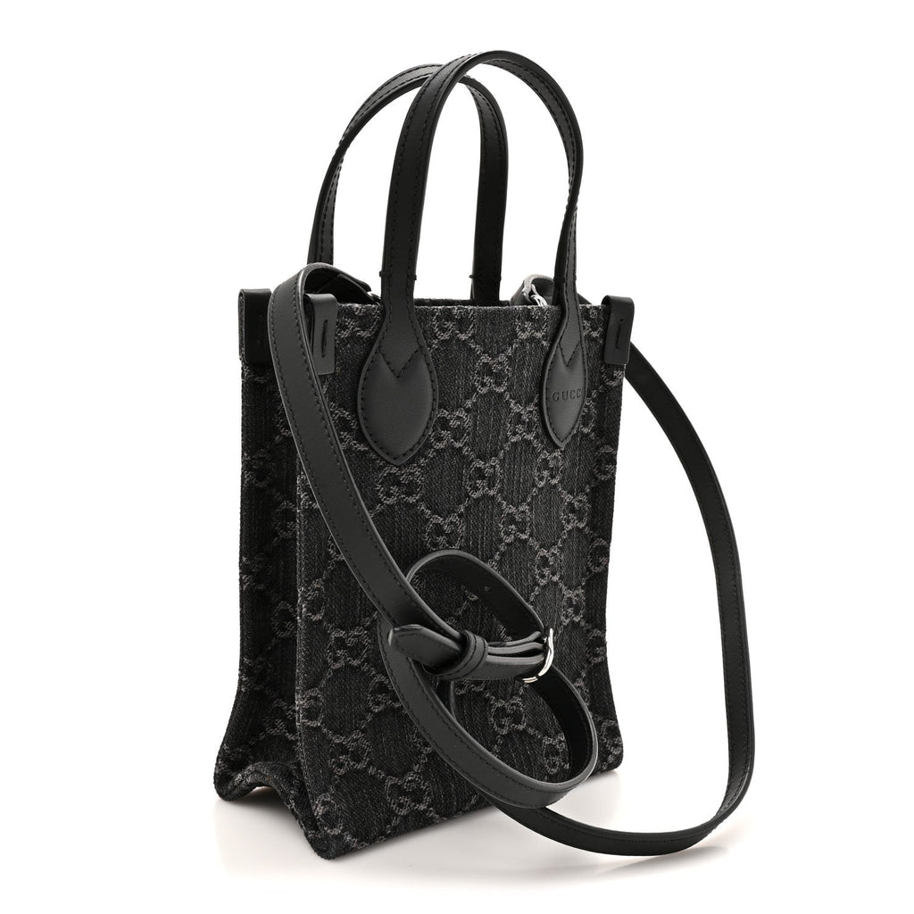 Gucci Denim GG Monogram Dollar Calfskin Mini Ophidia Tote Black Grey