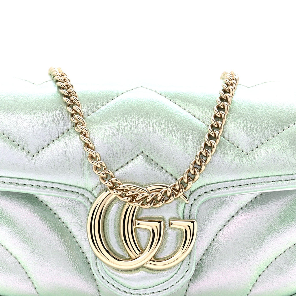Gucci Iridescent Nappa Chevron Matelasse Super Mini GG Marmont Shoulder Bag Green Iridescent