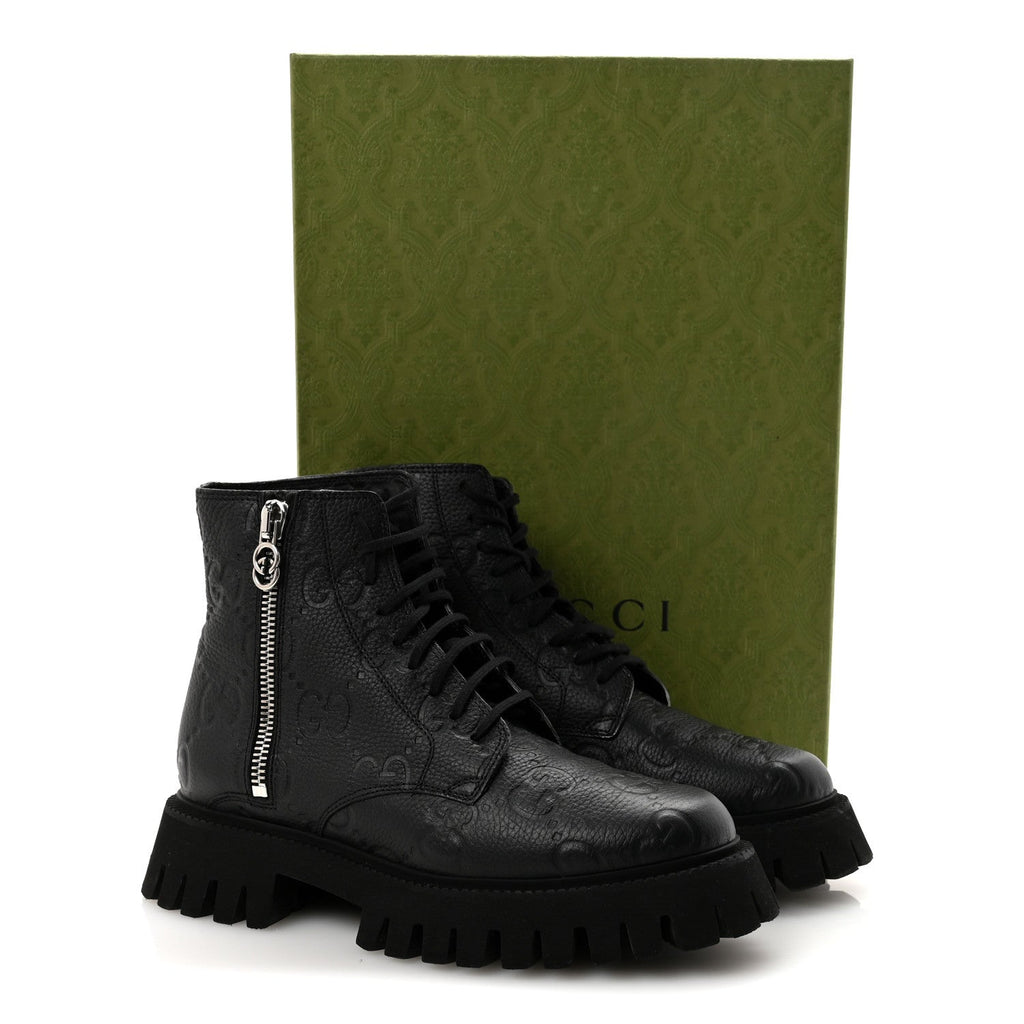 Gucci Calfskin Embossed Monogram Mens Lace Up Ankle Boots 7 Black