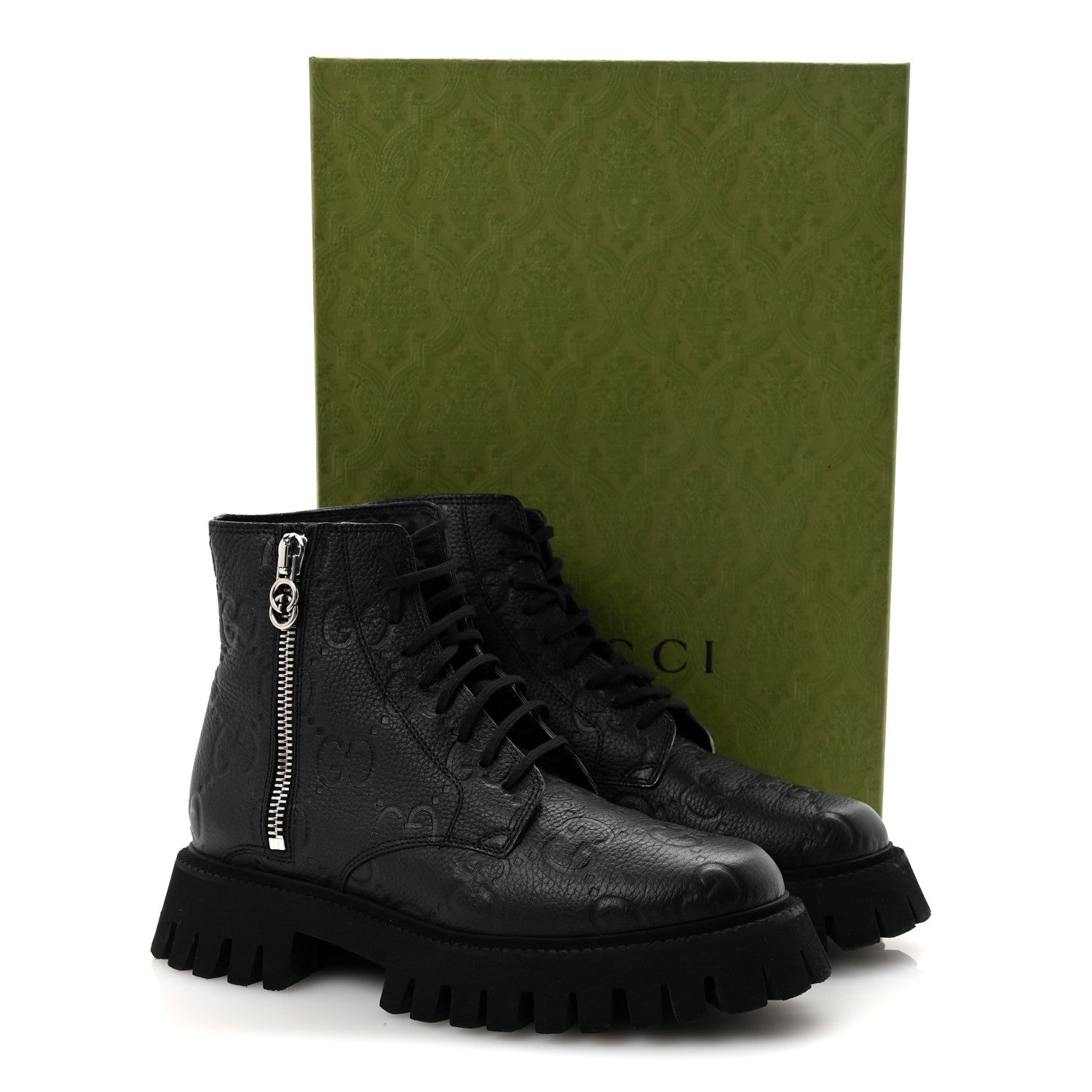 Gucci Calfskin Embossed Monogram Mens Lace Up Ankle Boots 7 Black
