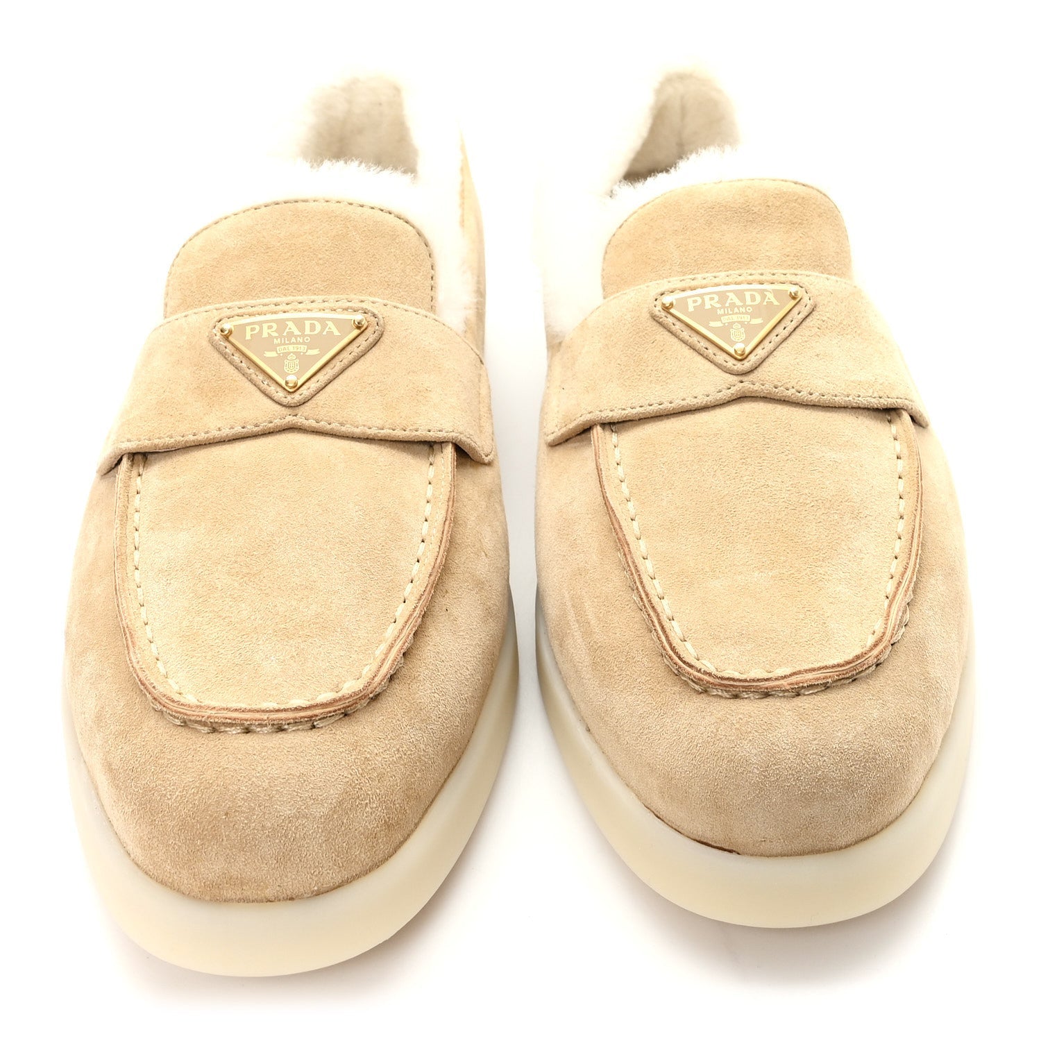 Prada Suede Shearling Triangle Logo Loafer 39 Ecru