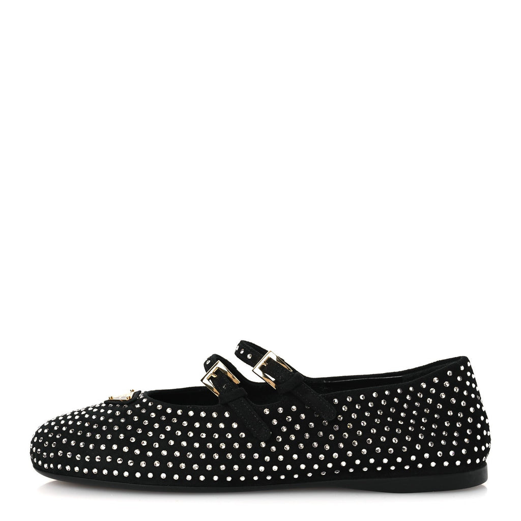 Prada Suede Crystal Studded Ballerina Flats 37 Black