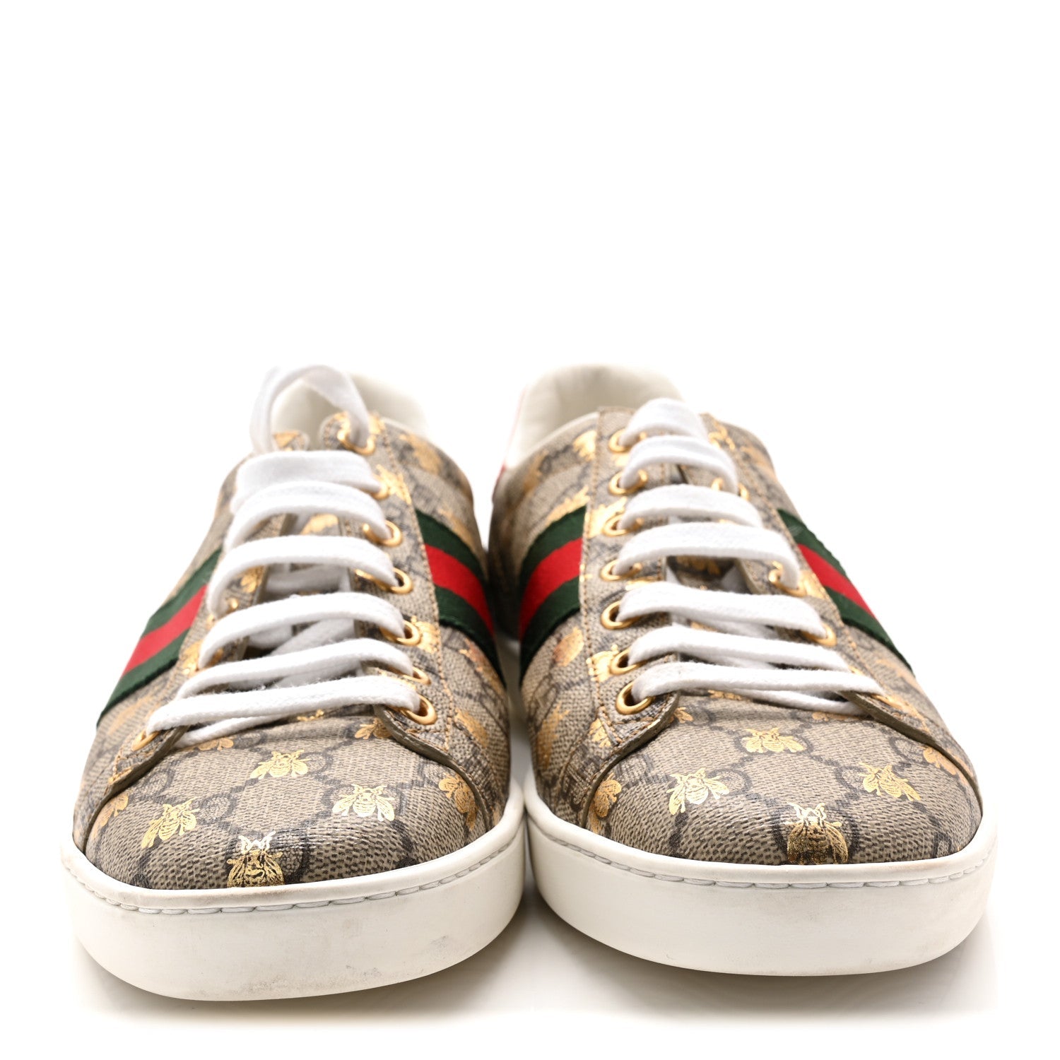 Gucci GG Supreme Monogram Bees Ayers Web Womens Ace Sneakers 38.5 Beige Oro Green Red