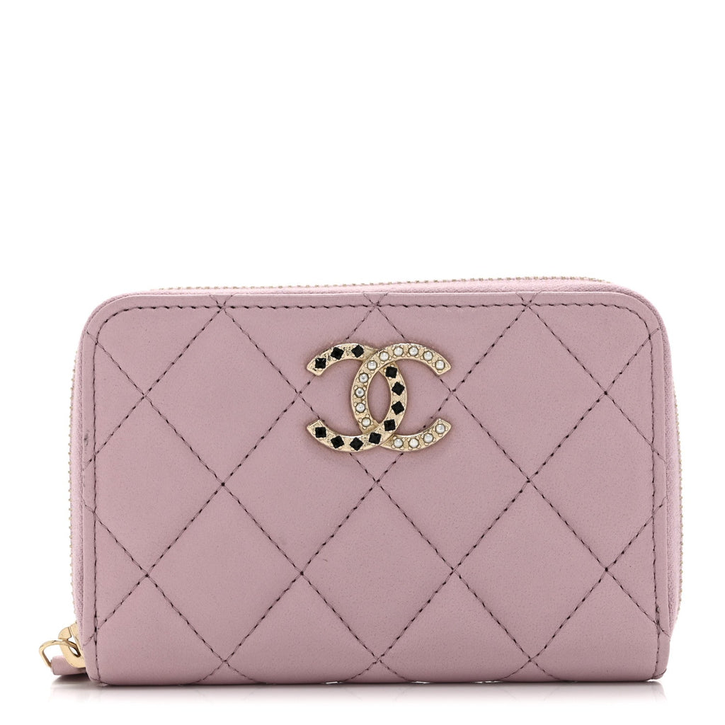 Lambskin Quilted Pearl Crystal CC Zip Around Coin Purse Wallet Pink