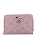 Lambskin Quilted Pearl Crystal CC Zip Around Coin Purse Wallet Pink