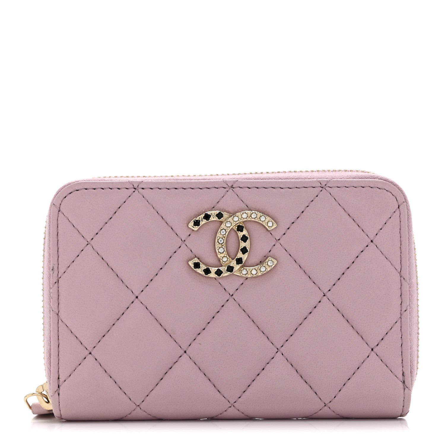 Lambskin Quilted Pearl Crystal CC Zip Around Coin Purse Wallet Pink
