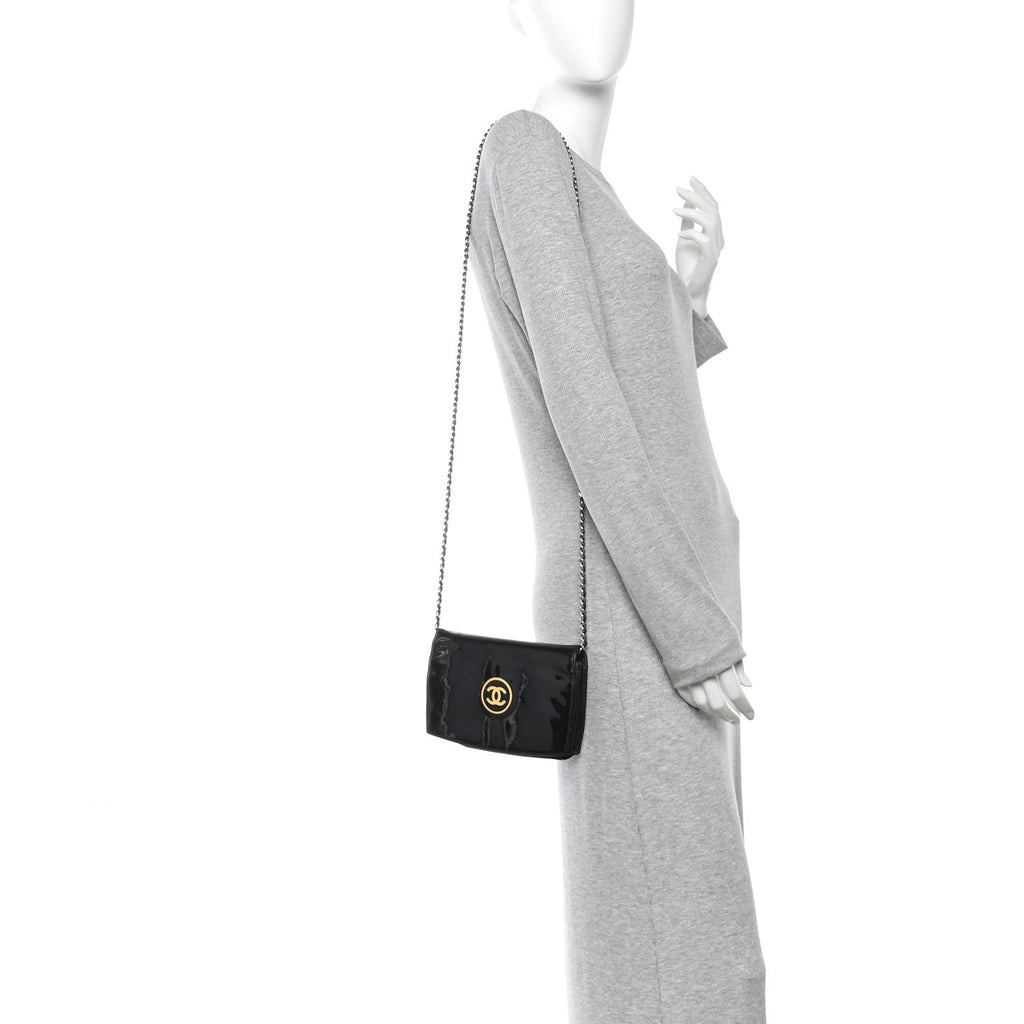 Chanel Patent CC Compact Wallet on Chain WOC Black
