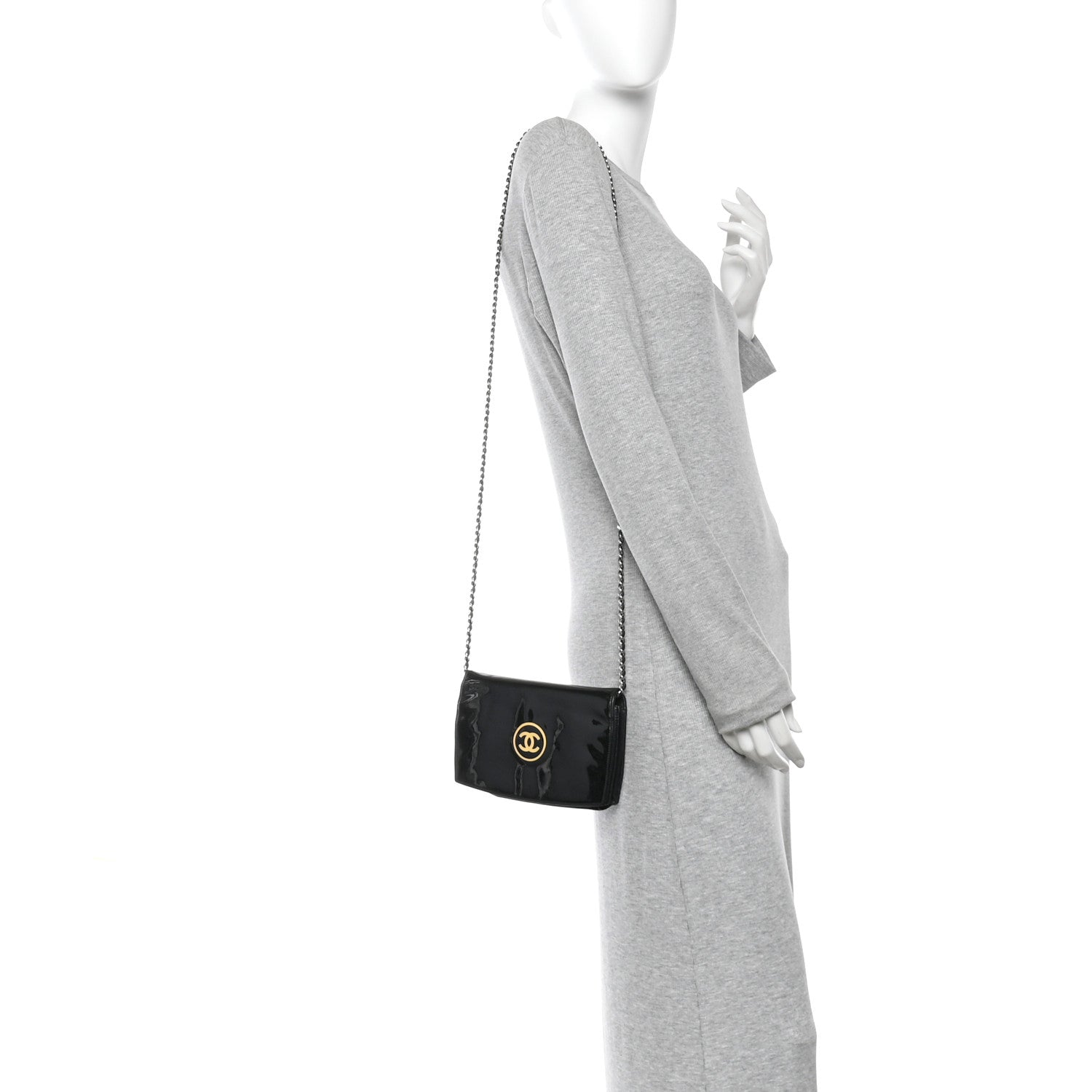 Chanel Patent CC Compact Wallet on Chain WOC Black