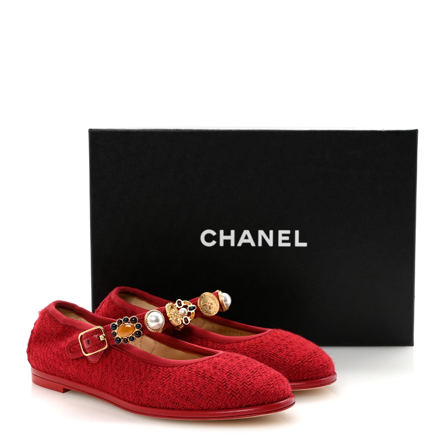 Chanel Wool Tweed Patent Mary Jane Flats 36 Red