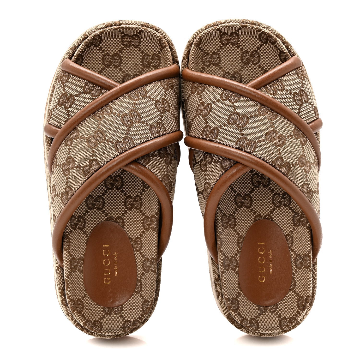 Gucci Monogram GG Calfskin Angelina Platform 55mm Slide Sandals 35 Camel Ebony