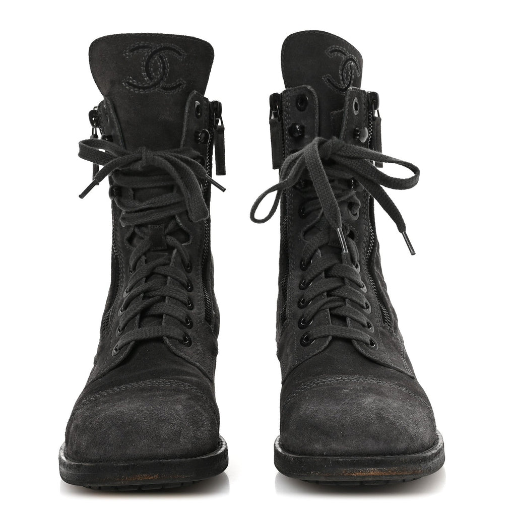 Chanel Suede Quilted CC Tall Lace Up Combat Boots 38 Grey