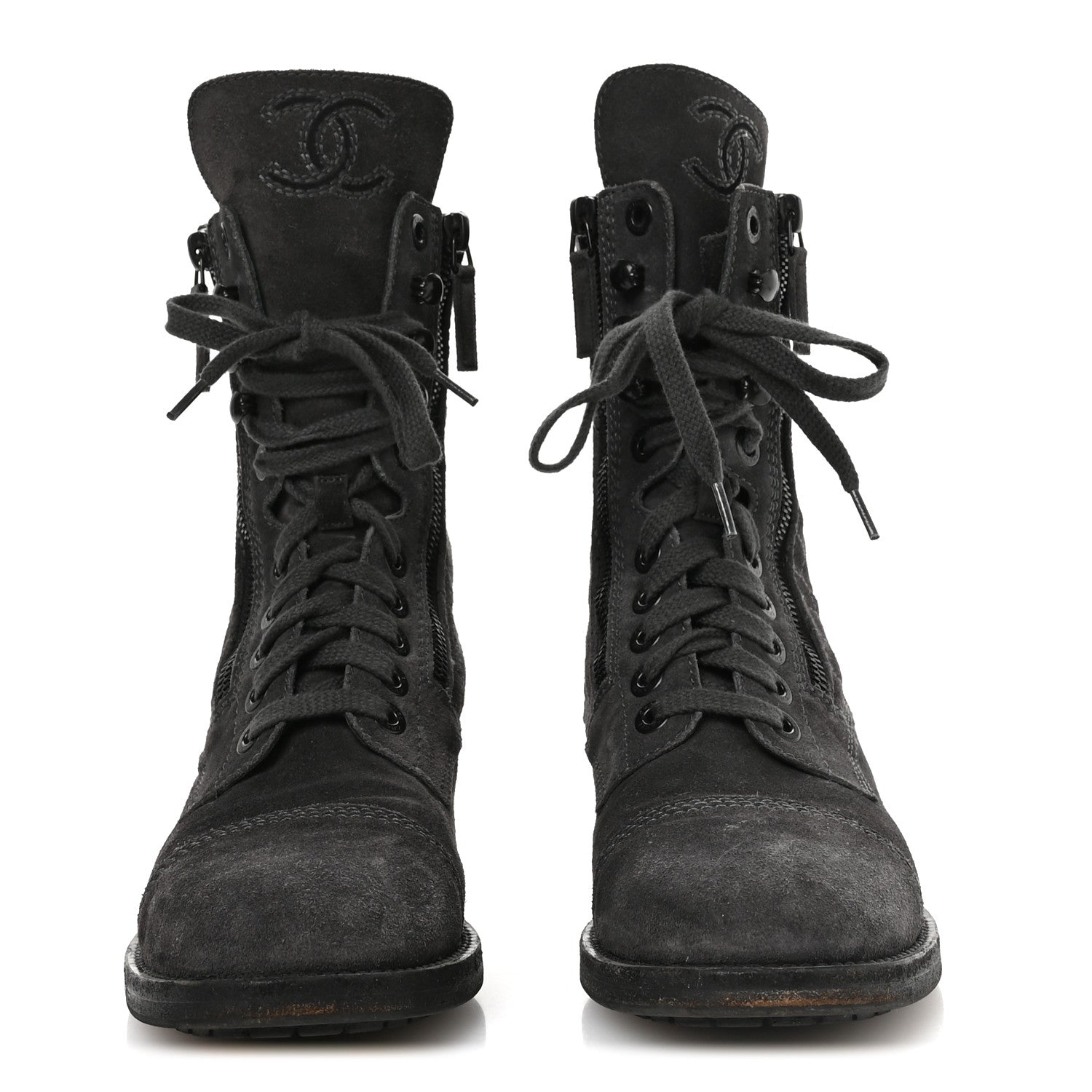 Chanel Suede Quilted CC Tall Lace Up Combat Boots 38 Grey