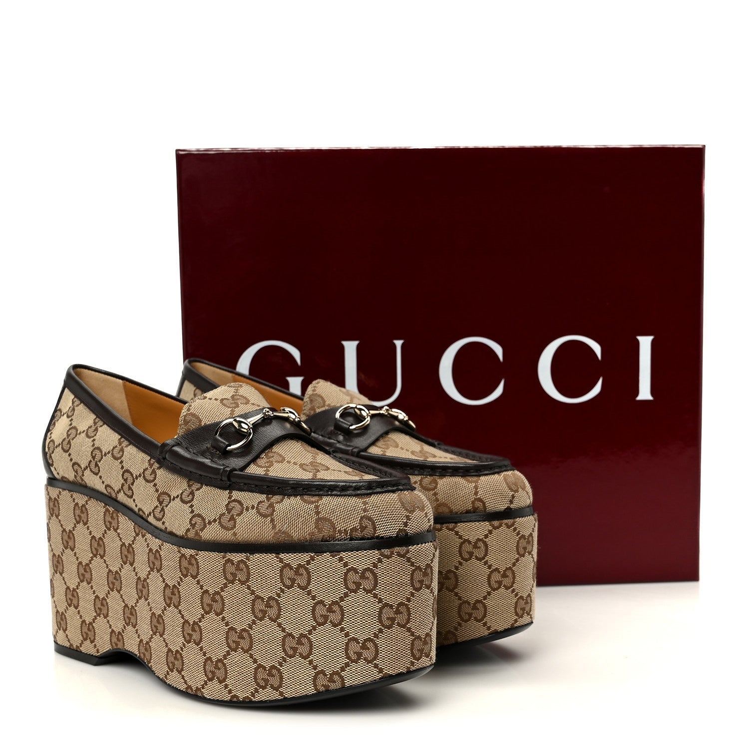 Gucci Canvas GG Monogram Horsebit Calfskin Womens Horsebit Platform Loafers 39.5 Beige Ebony Cocoa