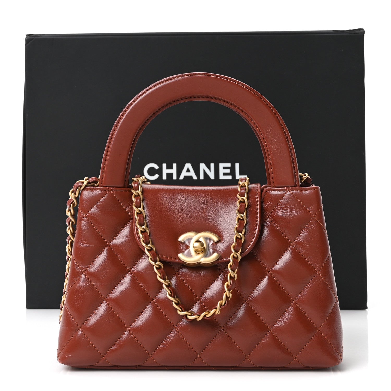 Chanel Shiny Aged Calfskin Quilted Nano Kelly Shopper Brown