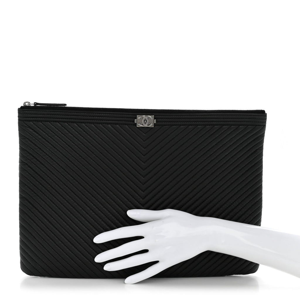 Calfskin Chevron Quilted Large Boy Cosmetic Case Black
