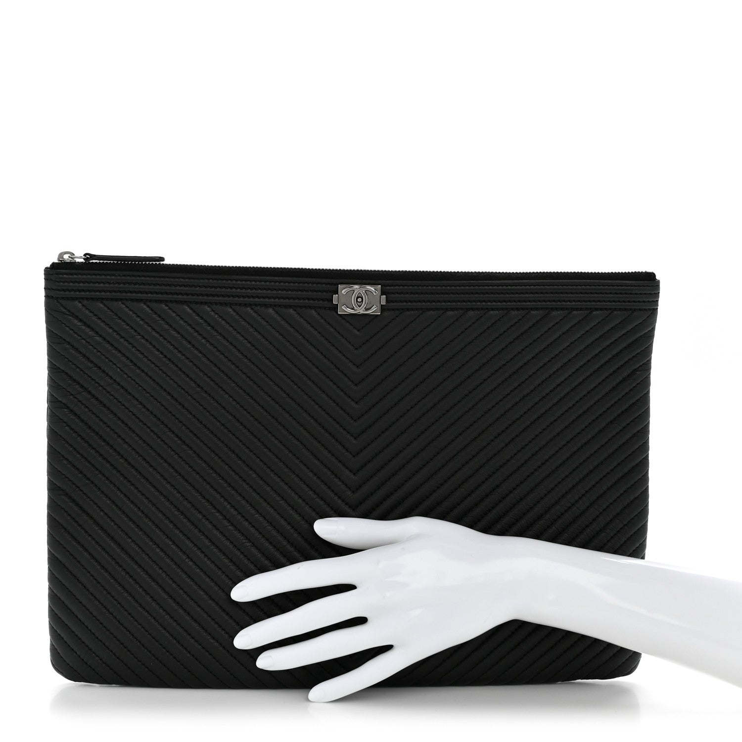 Calfskin Chevron Quilted Large Boy Cosmetic Case Black