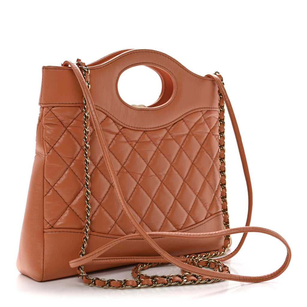 Chanel Shiny Crumpled Calfskin Quilted Mini 31 Shopping Bag Orange