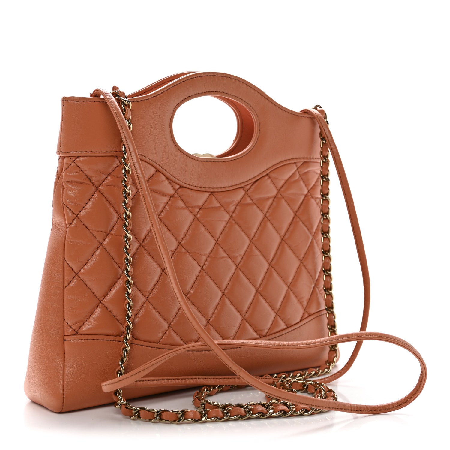 Chanel Shiny Crumpled Calfskin Quilted Mini 31 Shopping Bag Orange
