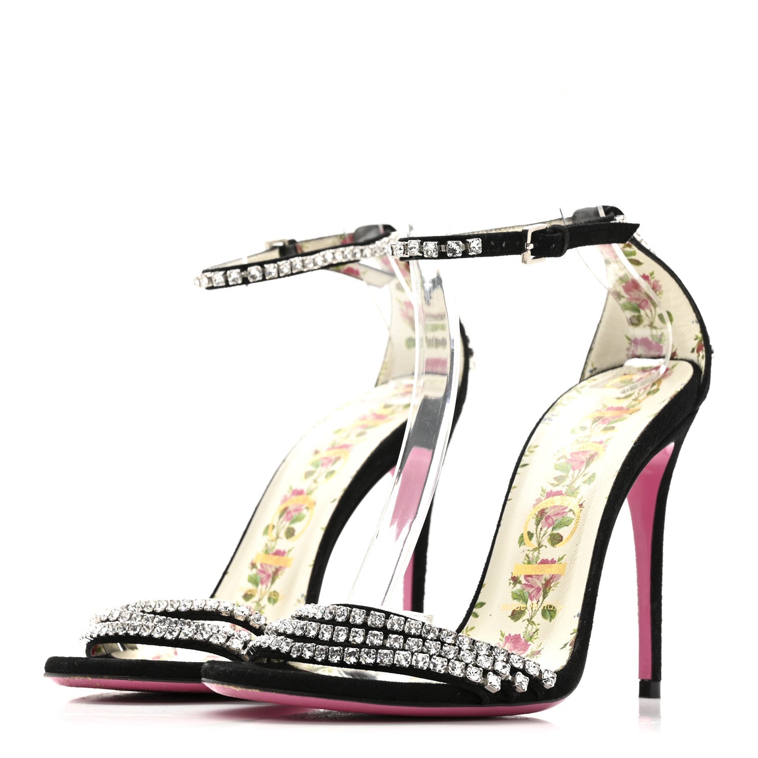Gucci Kid Scamosciato Crystal Ankle Strap High Heel Sandals 36.5 Black