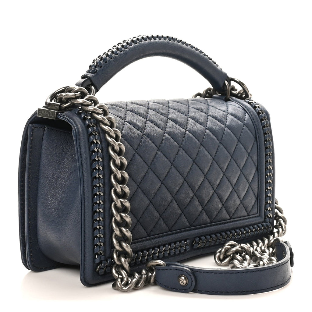 Chanel Calfskin Quilted Medium Top Handle Boy Flap Blue