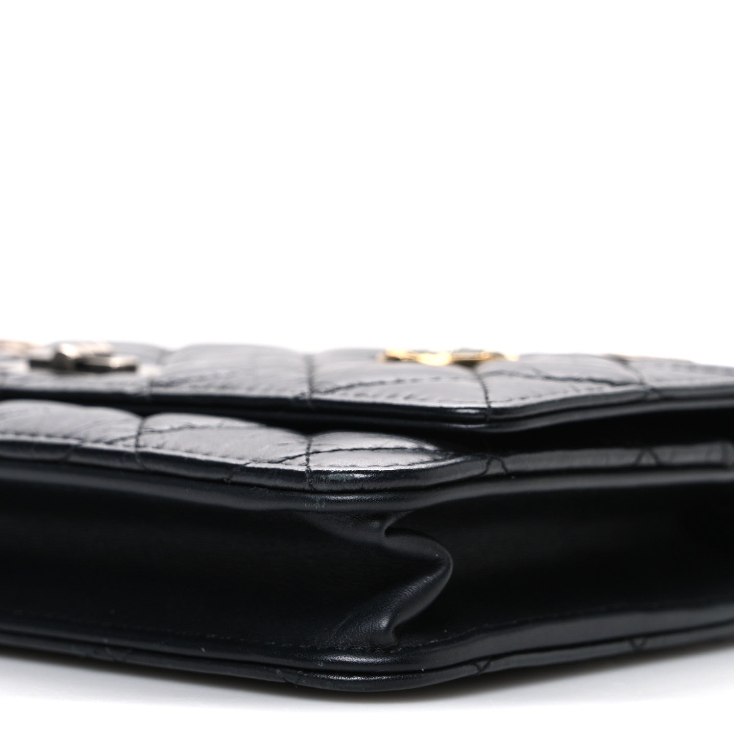 Chanel Aged Calfskin Quilted Lucky Charms 2.55 Reissue Wallet On Chain WOC Black
