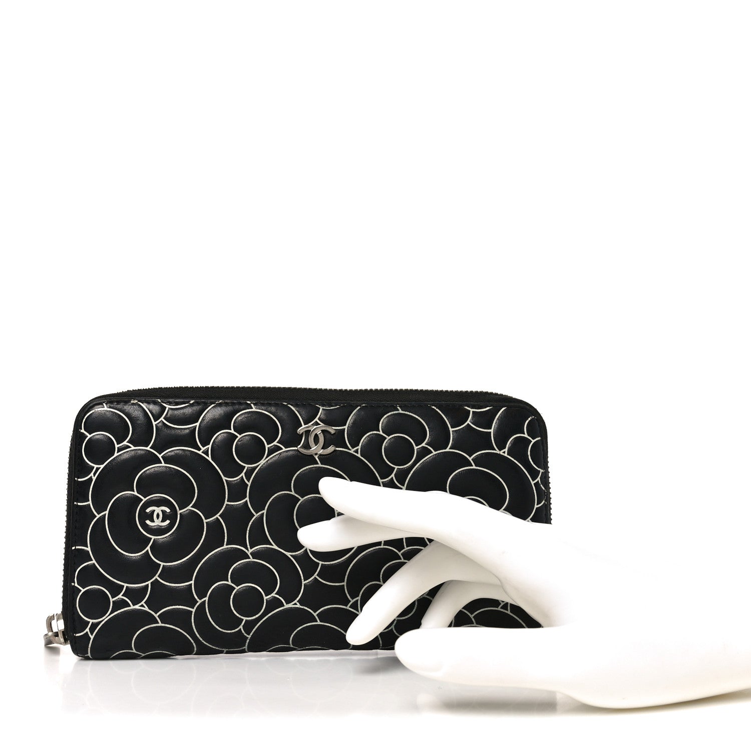 Lambskin Camellia Embossed Large Zip Around Gusset Wallet Black White