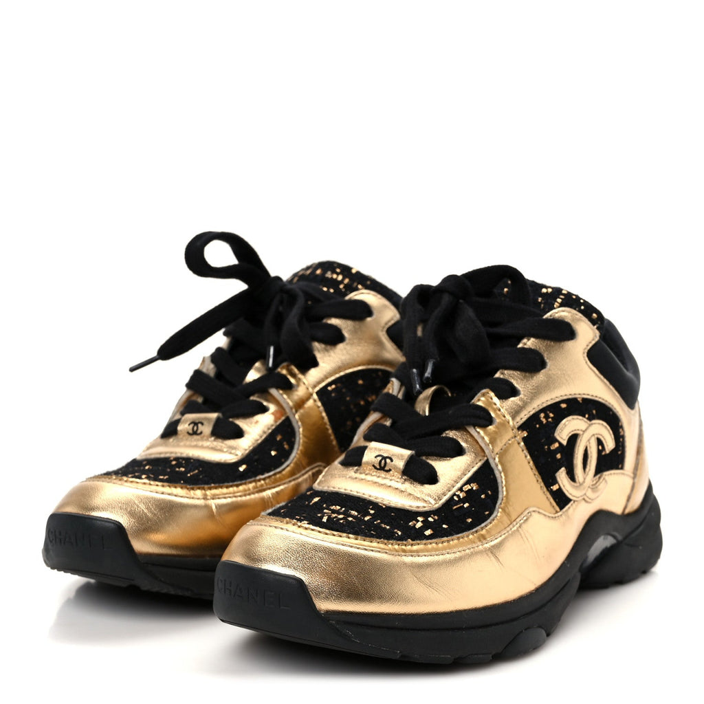 Satin Lambskin Fabric Tweed CC Sneakers 35.5 Gold Black